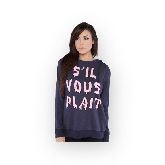 Y2K: OG Wildfox ☻︎ S’il Vous Plait Melted Letters Pullover Hoodie ☻︎ Navy Blue - Picture 15 of 16